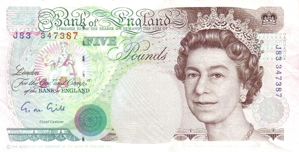 GREAT BRITAIN 5 Pounds 1990 Pick 382 collectible banknote