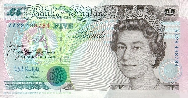 GREAT BRITAIN 5 Pounds 1990 Pick 382A collectible banknote