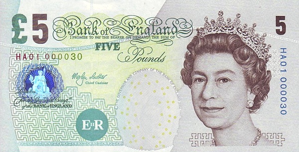 GREAT BRITAIN 5 Pounds 2002 Pick 391 collectible banknote