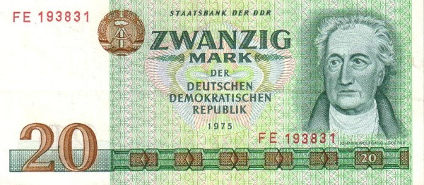 GERMAN DEMOCRATIC REPUBLIC 20 Mark 1975 Pick 29 collectible banknote