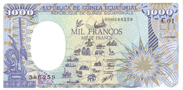 EQUATORIAL GUINEA 1000 Francos 1985 Pick 21 collectible banknote