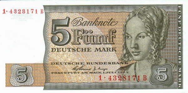 FEDERAL REPUBLIC OF GERMANY 5 Deutsche 1963 Pick 29A collectible banknote