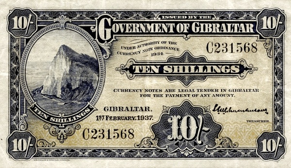GIBRALTAR 10 Shillings 1958 Pick 14