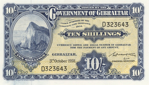 GIBRALTAR 10 Shillings 1958 Pick 17