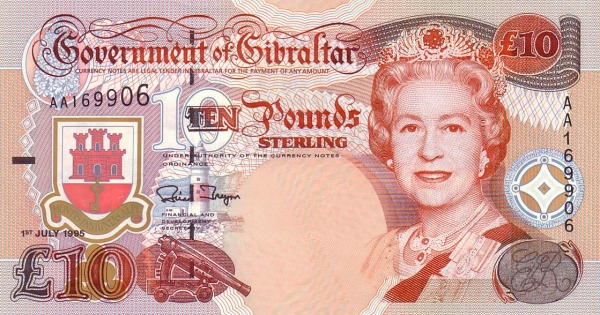 GIBRALTAR 10 Pounds 1995 Pick 26 collectible banknote
