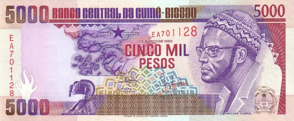 GUINEA-BISSAU 5000 Pesos 1990 Pick 14 collectible banknote