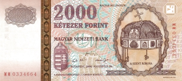 HUNGARY 2000 Forint 2000 Pick 186 collectible banknote