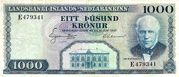ICELAND 1000 Krónur 1957 Pick 41 collectible banknote