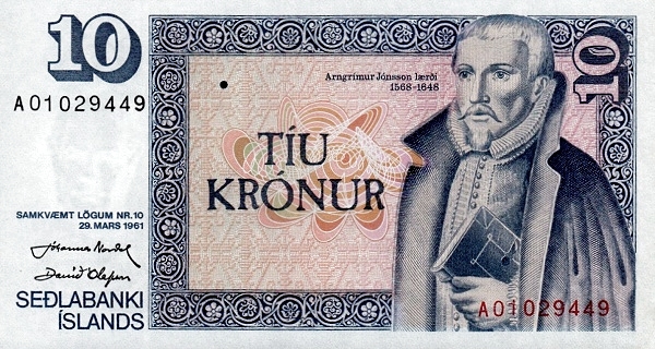 ICELAND 10 Krónur 1961 Pick 48 collectible banknote