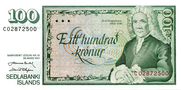 ICELAND 100 Krónur 1961 Pick 50 collectible banknote