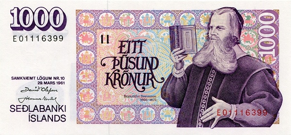 ICELAND 1000 Krónur 1961 Pick 52 collectible banknote
