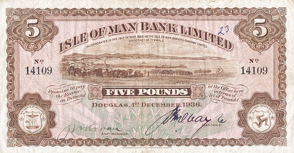 ISLE OF MAN 5 Pounds 1960 Pick 6A collectible banknote