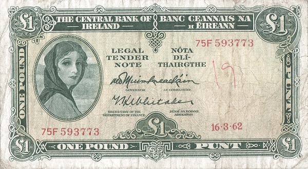 IRELAND 1 Pound 1962 Pick 64 collectible banknote