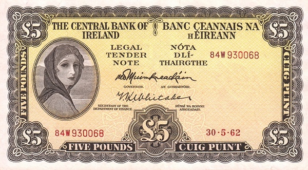 IRELAND 5 Pounds 1961 Pick 65 collectible banknote