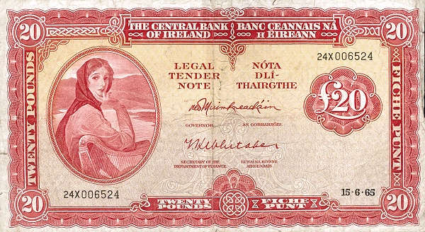 IRELAND 20 Pounds 1961 Pick 67 collectible banknote
