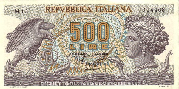 ITALY 500 Lire 1966 Pick 93 collectible banknote