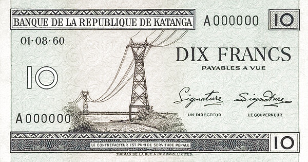 KATANGA 10 Francs 1960 Pick NL collectible banknote