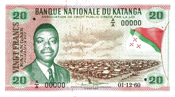 KATANGA 20 Francs 1960 Pick 6A collectible banknote