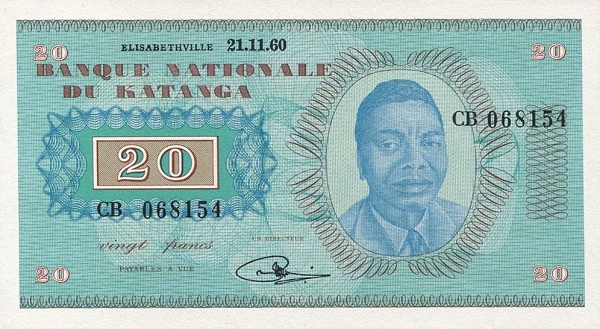 KATANGA 20 Francs 1960 Pick 6 collectible banknote