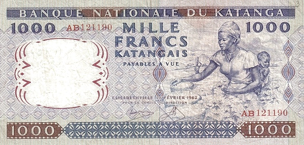 KATANGA 1000 Francs 1962 Pick 14 collectible banknote