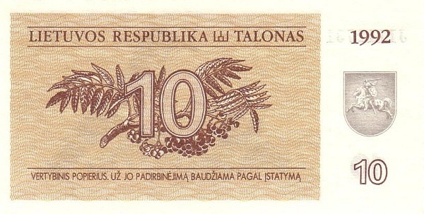 LITHUANIA 10 Talonas 1992 Pick 40 collectible banknote