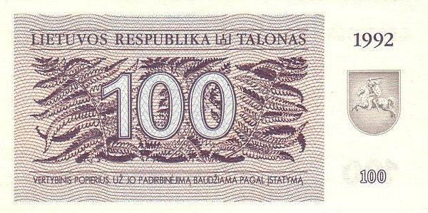 LITHUANIA 100 Talonas 1992 Pick 42 collectible banknote