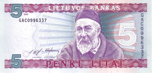 LITHUANIA 5 Litai 1993 Pick 55 collectible banknote