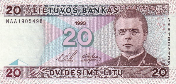 LITHUANIA 20 Lit 1993 Pick 57 collectible banknote