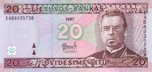 LITHUANIA 20 Lit 1997 Pick 60 collectible banknote