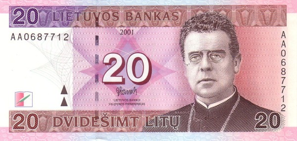 LITHUANIA 20 Lit 2001 Pick 66 collectible banknote
