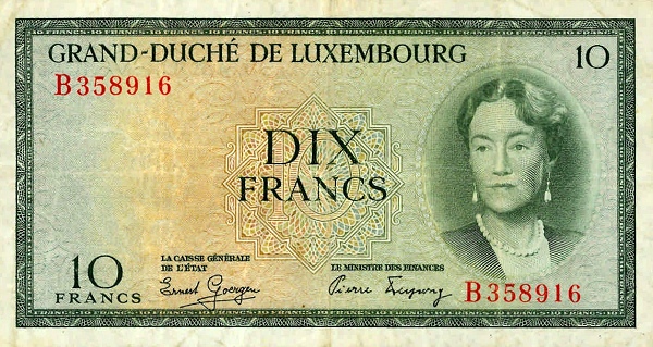 LUXEMBOURG 10 Francs 1954 Pick 48