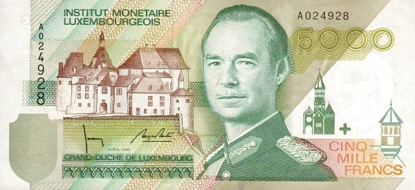 LUXEMBOURG 5000 Francs 1993 Pick 60 collectible banknote