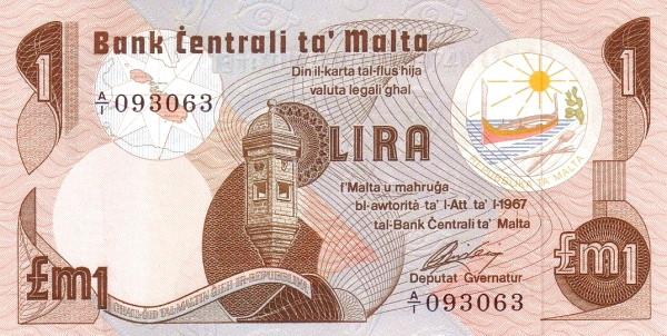MALTA 1 Lira 1967 Pick 34 collectible banknote