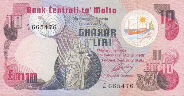 MALTA 10 Liri 1967 Pick 36 collectible banknote