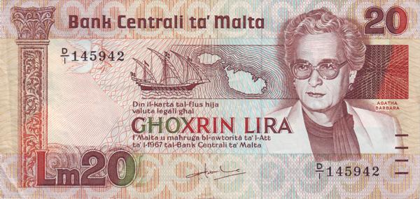 MALTA 20 Liri 1967 Pick 40 collectible banknote