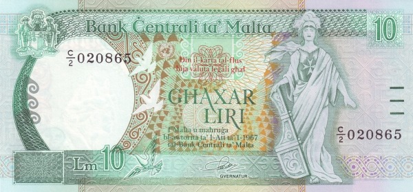 MALTA 10 Liri 1967 Pick 43 collectible banknote