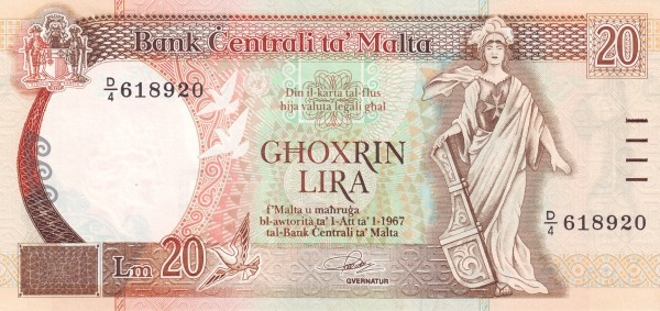 MALTA 20 Liri 1967 Pick 44 collectible banknote