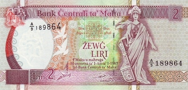 MALTA 2 Liri 1967 Pick 45 collectible banknote