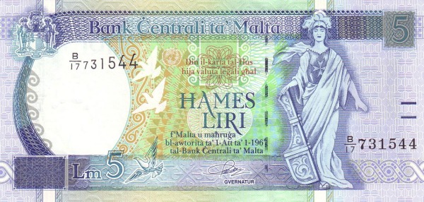MALTA 5 Liri 1967 Pick 46 collectible banknote