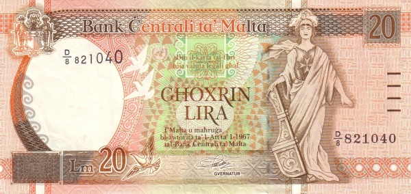 MALTA 20 Liri 1967 Pick 48 collectible banknote