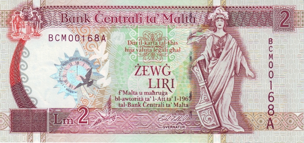 MALTA 2 Liri 1967 Pick 49 collectible banknote