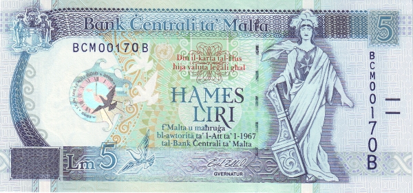 MALTA 5 Liri 1967 Pick 50 collectible banknote