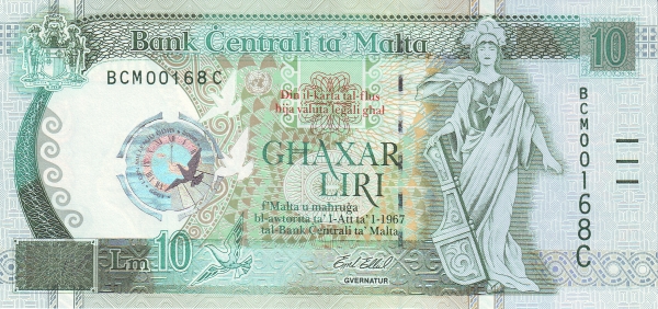 MALTA 10 Liri 1967 Pick 51 collectible banknote