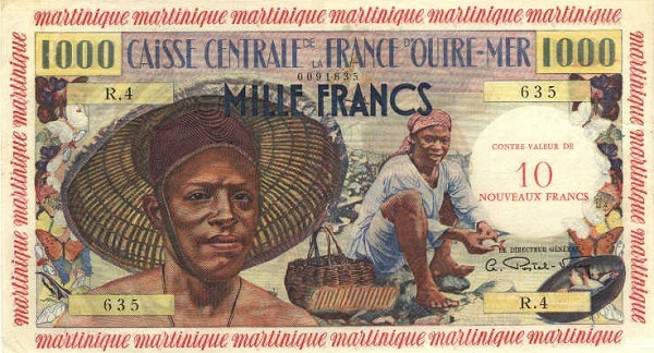 MARTINIQUE 10 Nouveaux 1963 Pick 39 collectible banknote