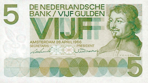 NETHERLANDS 5 Gulden 1966 Pick 90 collectible banknote