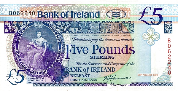 NORTHERN IRELAND 5 Pound 1990 Pick 70 collectible banknote
