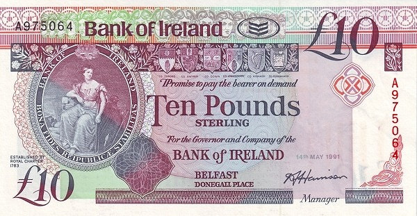 NORTHERN IRELAND 10 Pound 1991 Pick 71 collectible banknote
