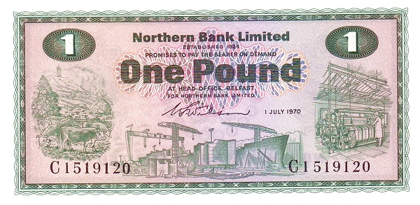 NORTHERN IRELAND 1 Pound 1970 Pick 187 collectible banknote