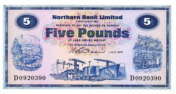 NORTHERN IRELAND 5 Pounds 1970 Pick 188 collectible banknote