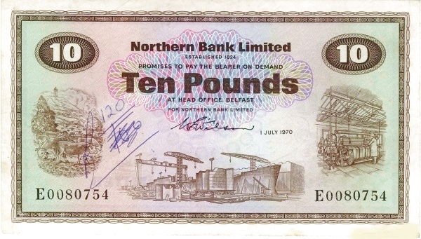 NORTHERN IRELAND 10 Pounds 1970 Pick 189 collectible banknote